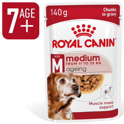 Royal Canin Size Health Nutrition Medium Ageing 7+ Wet Dog Food in Gravy - 10x140g Pouches
