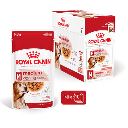 Royal Canin Size Health Nutrition Medium Ageing 7+ Wet Dog Food in Gravy - 10x140g Pouches