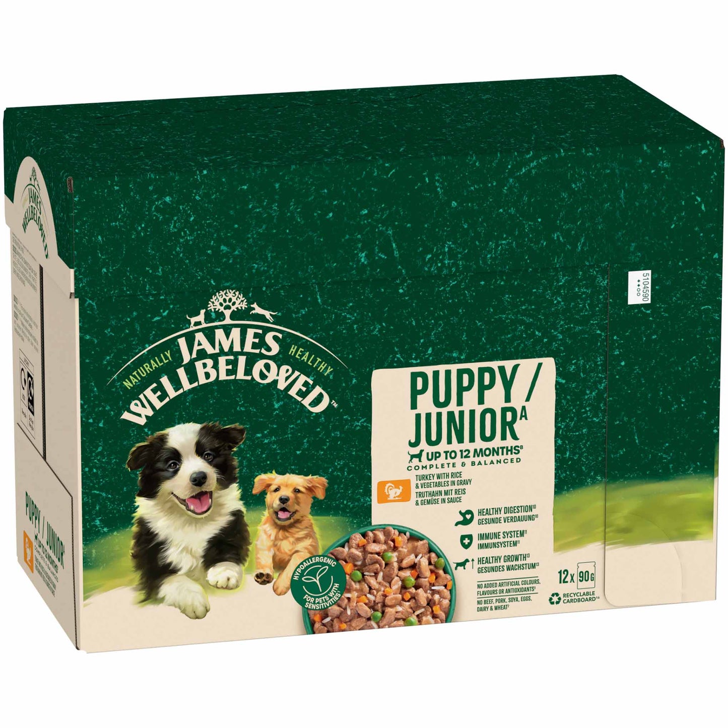James Wellbeloved Puppy Wet Dog Food in Gravy - Turkey & Rice - 12x90g Pouches