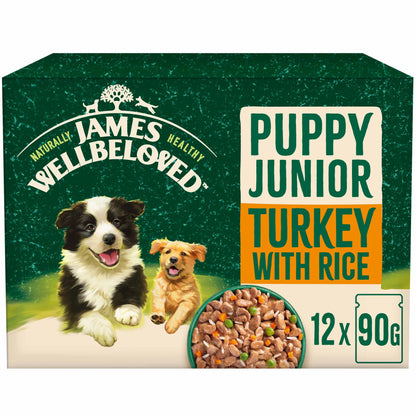 James Wellbeloved Puppy Wet Dog Food in Gravy - Turkey & Rice - 12x90g Pouches