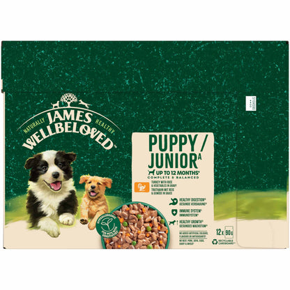 James Wellbeloved Puppy Wet Dog Food in Gravy - Turkey & Rice - 12x90g Pouches