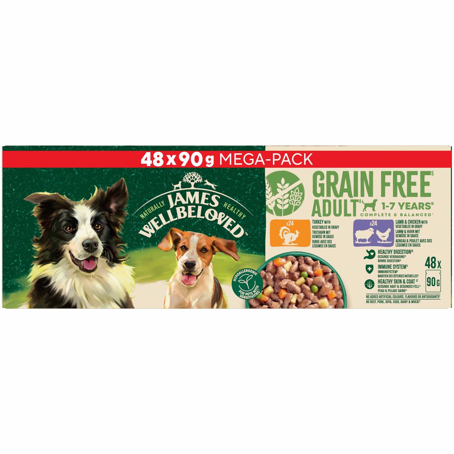 James Wellbeloved Grain Free Adult Wet Dog Food in Gravy - Mixed Selection - 48x90g Pouches