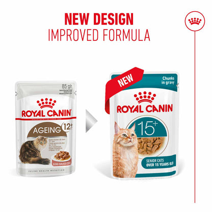 Royal Canin Ageing 15+ Senior Wet Cat Food  Chunks in Gravy - 12x85g Pouches