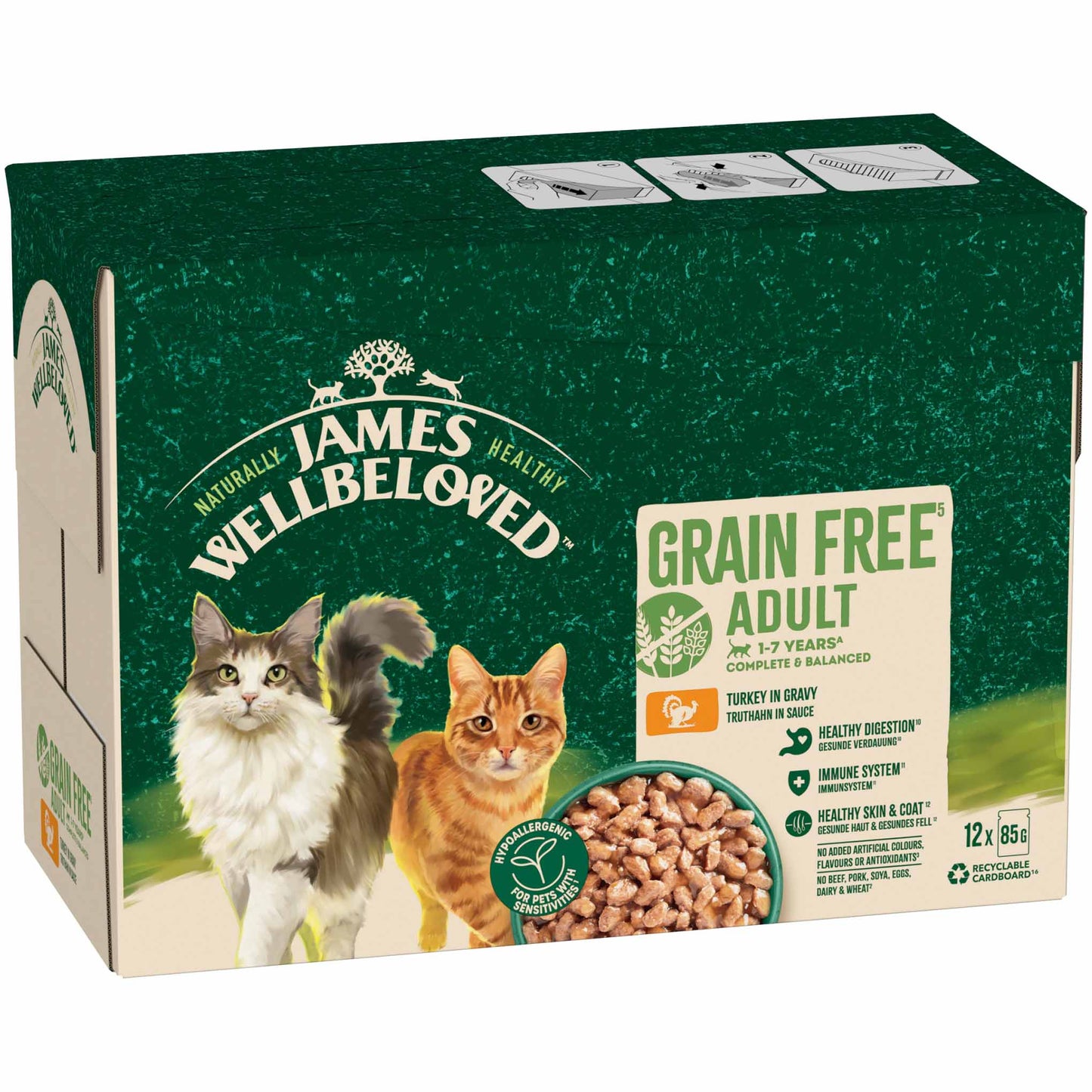 James Wellbeloved Grain Free Adult Wet Cat Food in Gravy - Turkey - 12x85g Pouches