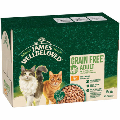 James Wellbeloved Grain Free Adult Wet Cat Food in Gravy - Turkey - 12x85g Pouches