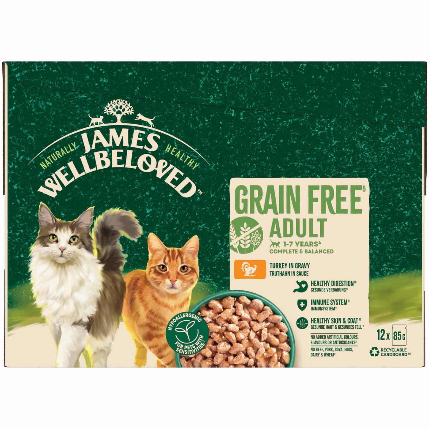 James Wellbeloved Grain Free Adult Wet Cat Food in Gravy - Turkey - 12x85g Pouches