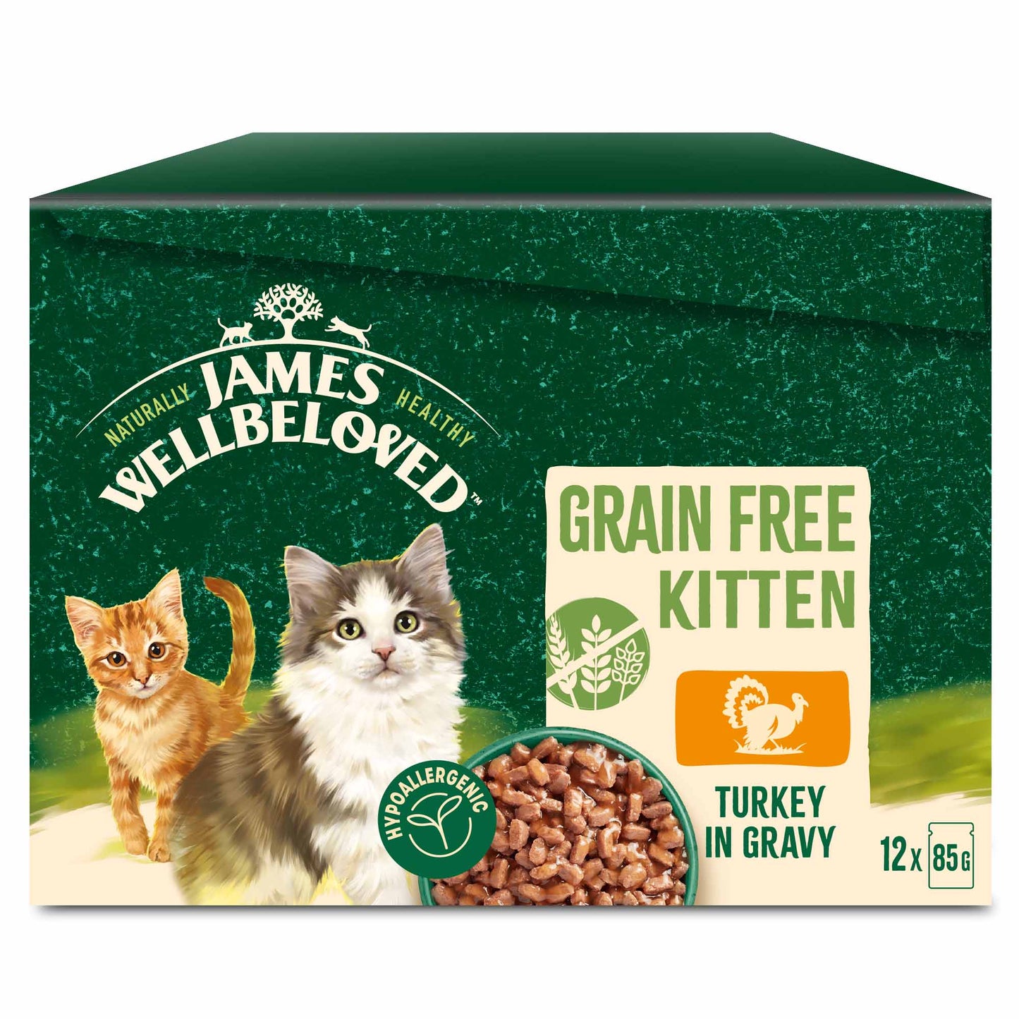 James Wellbeloved Grain Free Kitten Wet Cat Food in Gravy - Turkey - 12x85g Pouches