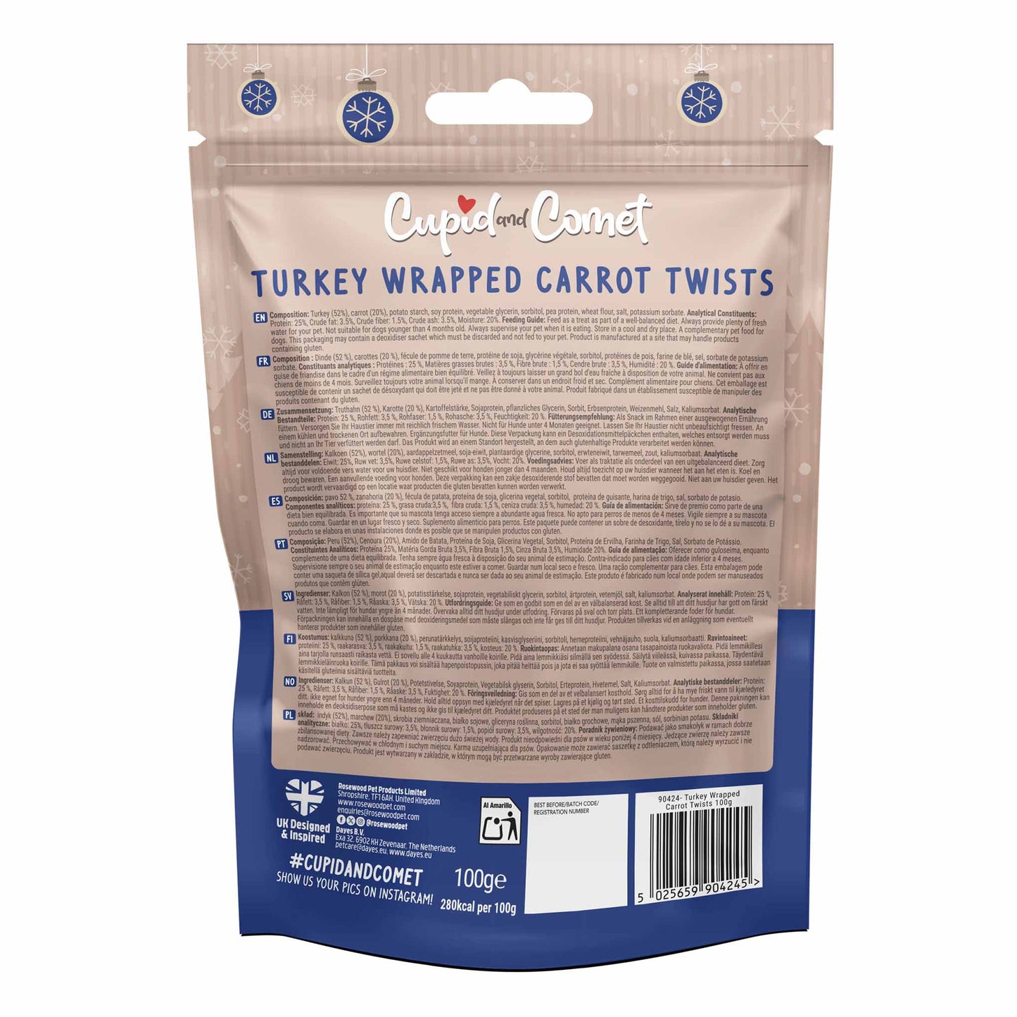 Rosewood Cupid & Comet Turkey Wrapped Carrot Twists Dog Treats - 100g