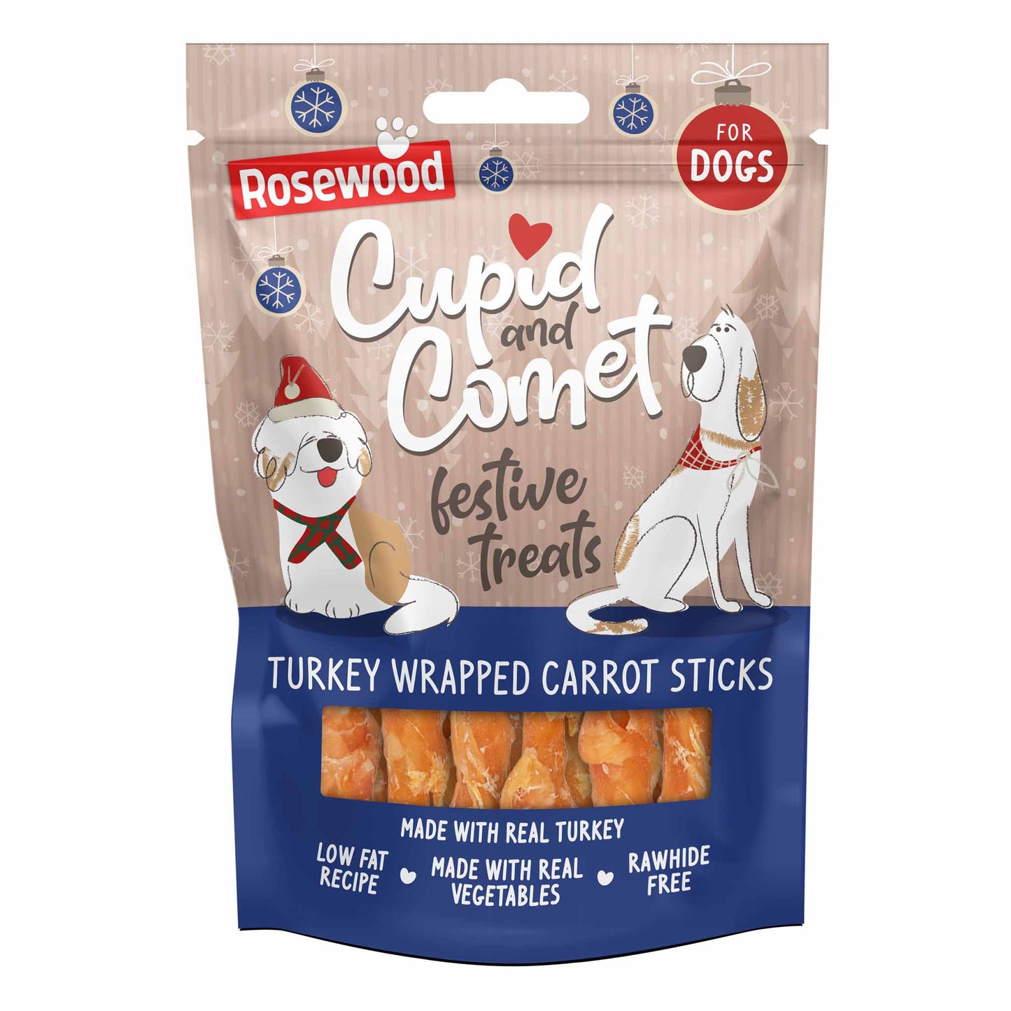 Rosewood Cupid & Comet Turkey Wrapped Carrot Twists Dog Treats - 100g
