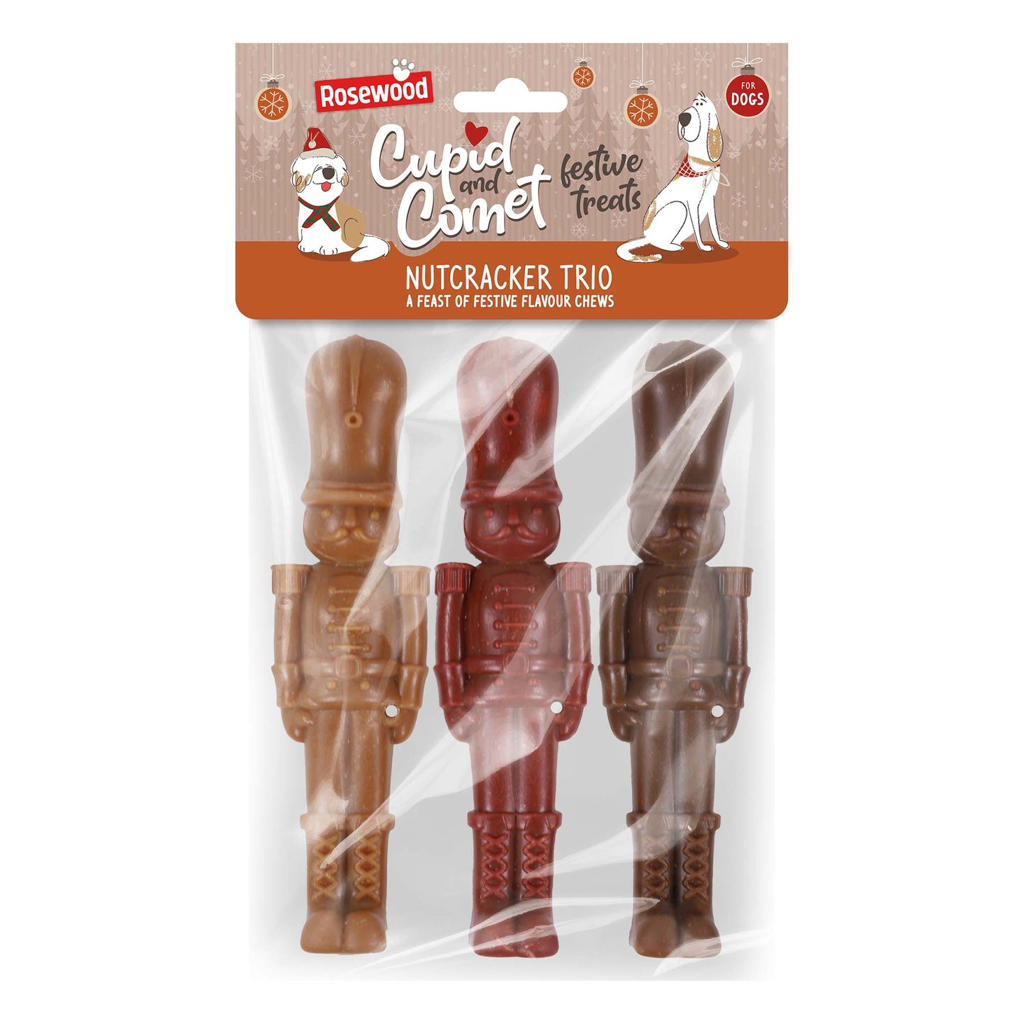 Rosewood Cupid & Comet Festive Nutcracker Trio Dog Chews - 135g