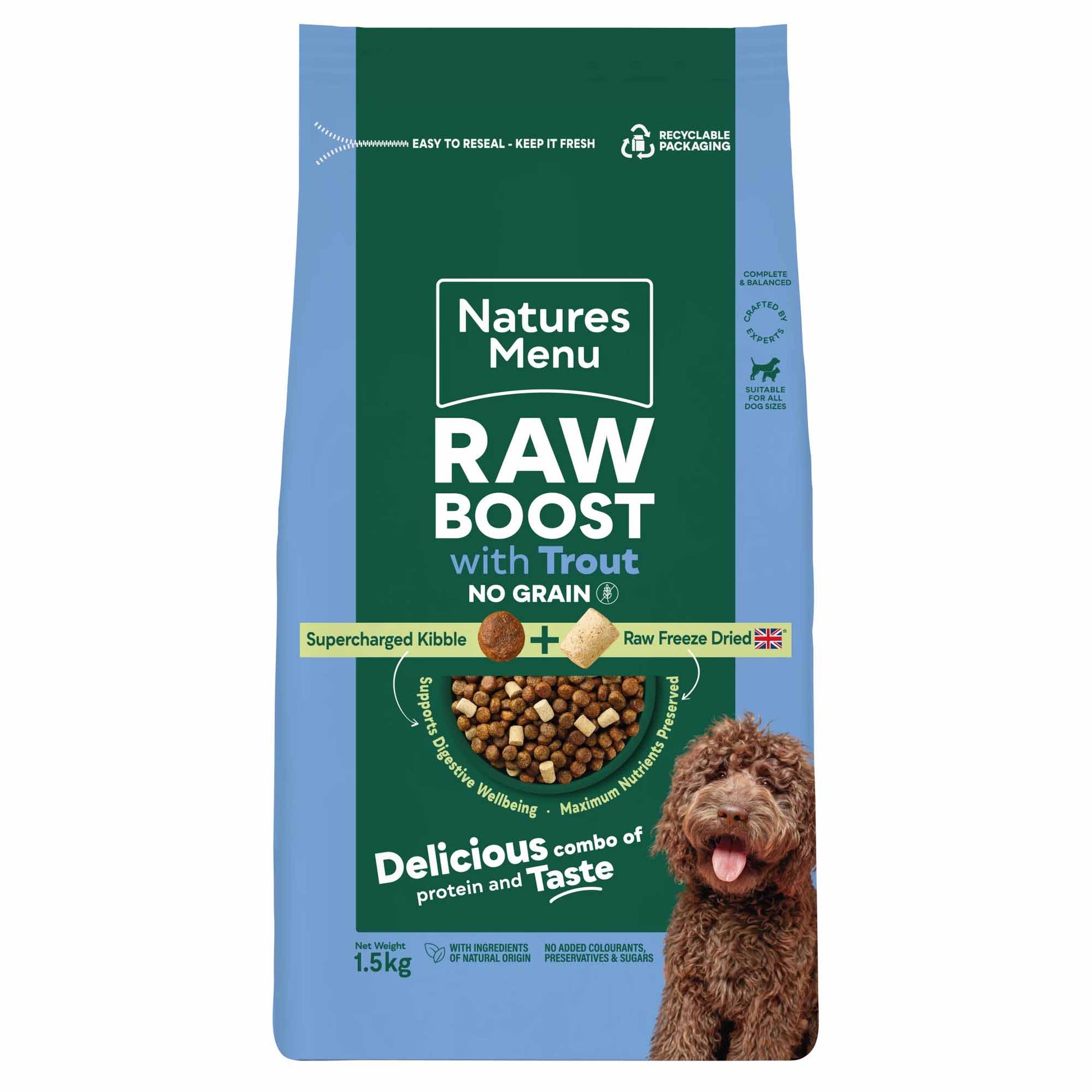 Natures menu Natures Menu Raw Boost No Grain Salmon Trout Adult Dry Dog Food pet food packaging