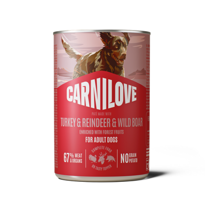 Carnilove Adult Wet Dog Food Tins - Turkey , Reindeer & Wild Boar - 6x400g Cans