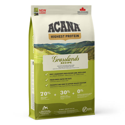Acana Acana Protein Grasslands Grain Free Duck Herring Lamb Liver Turkey Whitefish pet food packaging