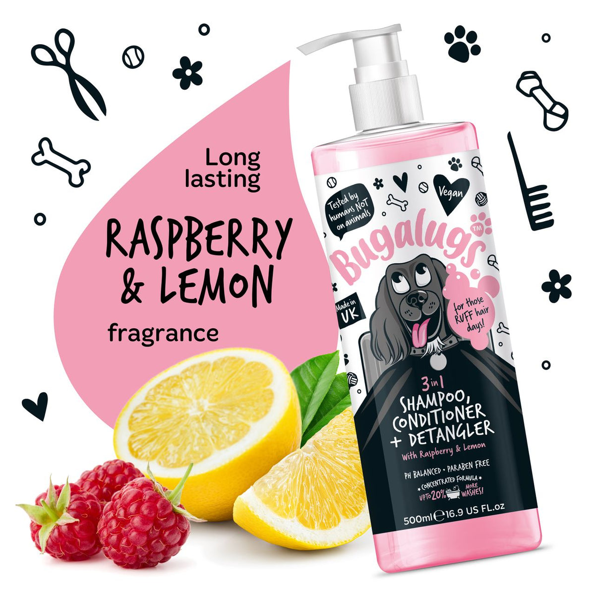 Bugalugs 3-in-1 Raseberry & Lemon Detangler Dog Shampoo & Conditioner