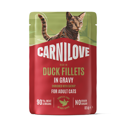 Carnilove Adult Wet Cat Food Pouches - Duck with Catnip in Gravy - 24x85g