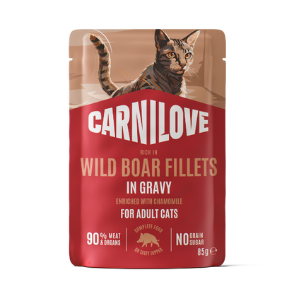 Carnilove Adult Wet Cat Food Pouches - Wild Boar with Camomile in Gravy - 24x85g Pouches