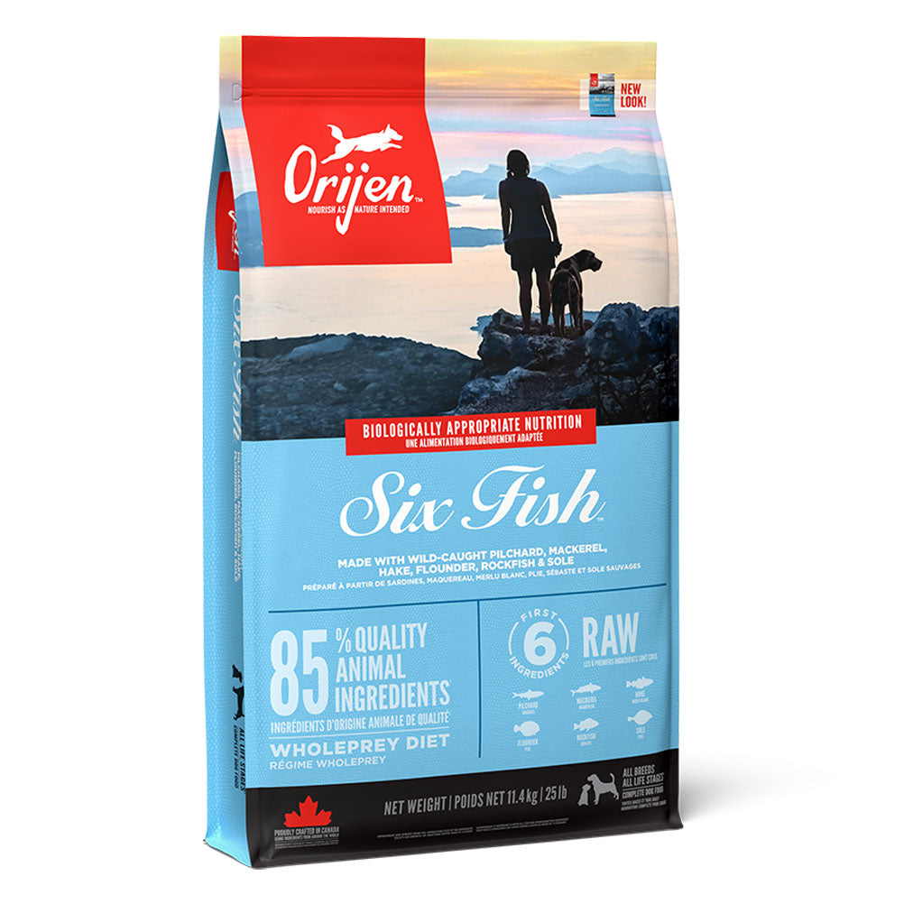 Orijen Orijen Six Grain Free Herring Mackerel Sardine Whitefish pet food packaging