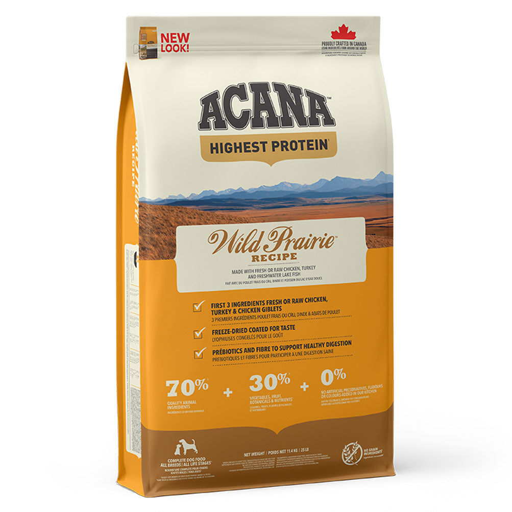 Acana Acana Highest Protein Wild Prairie Grain Free Chicken Herring Turkey Adult Dry Dog Food pet food packaging