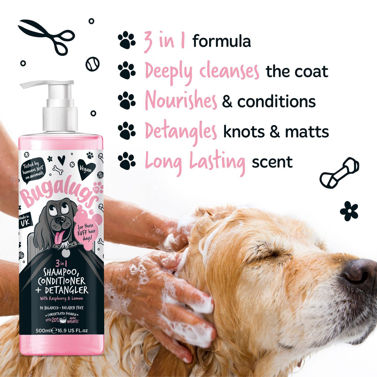 Bugalugs 3-in-1 Raseberry & Lemon Detangler Dog Shampoo & Conditioner