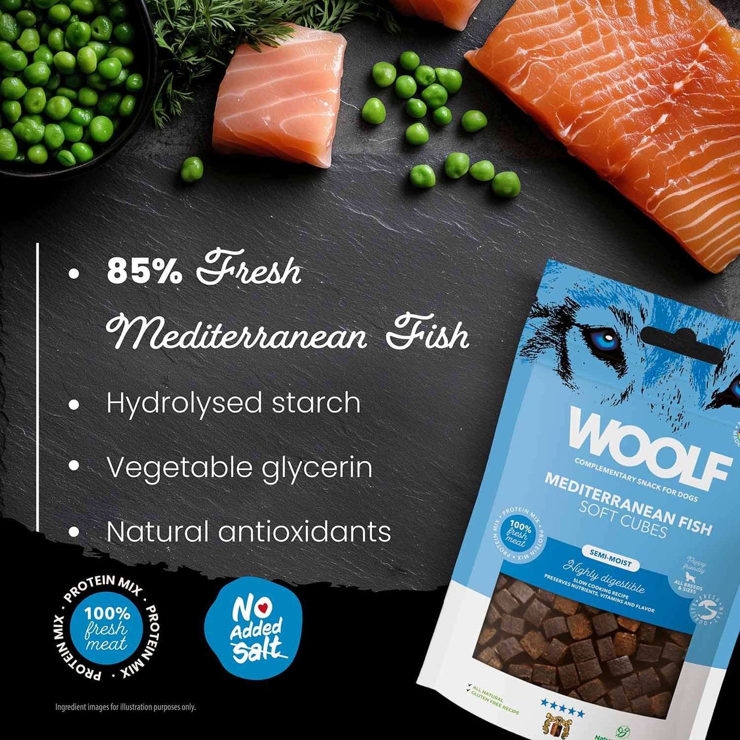 Woolf Soft Cubes Dog Snacks - Mediteranean Fish - 100g